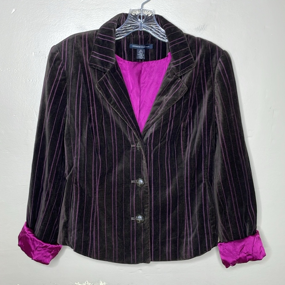 KENNETH COLE Velvet Blazer Brown & Magenta Stripe Single Breasted Hand Pockets - Picture 12 of 12